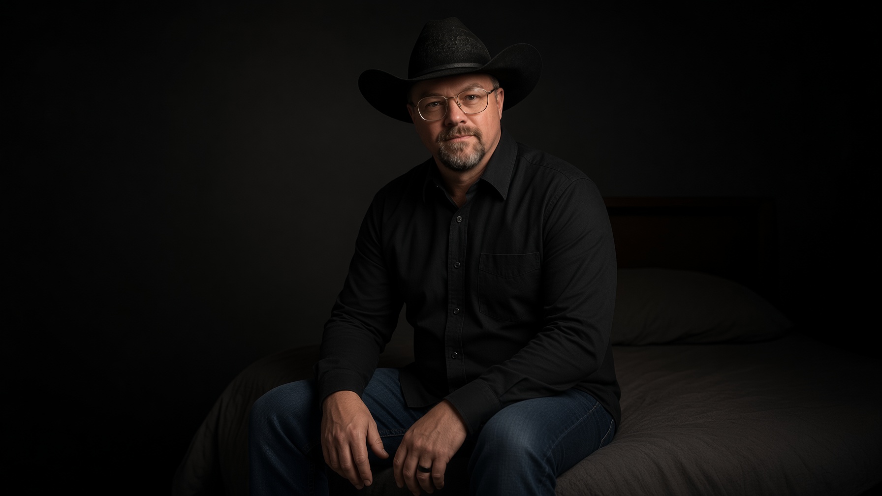 Chad Sanders seated in dramatic low-key studio lighting, black hat and shirt